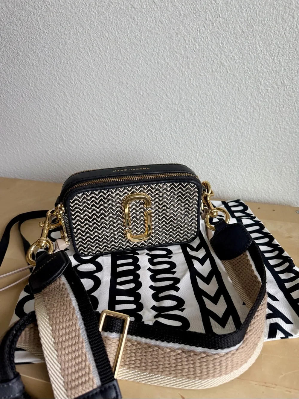 Marc Jacobs The Snapshot Woven Black & Cream Crossbody Bag